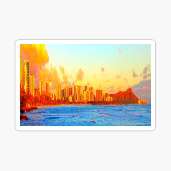 Waikiki surf and terrain from Kaakako Beach Park Sticker