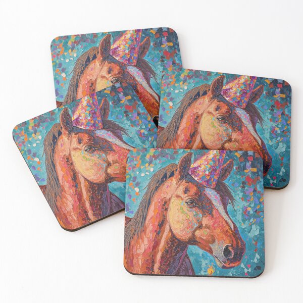 Item preview, Horse in Party Hat with Birthday Cake in vibrant painted style designed and sold by OddCorro.