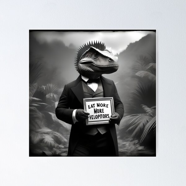 Item preview, Dapper dino in ferrotype with sign "eat more velociraptor" designed and sold by eatmorvelopator.