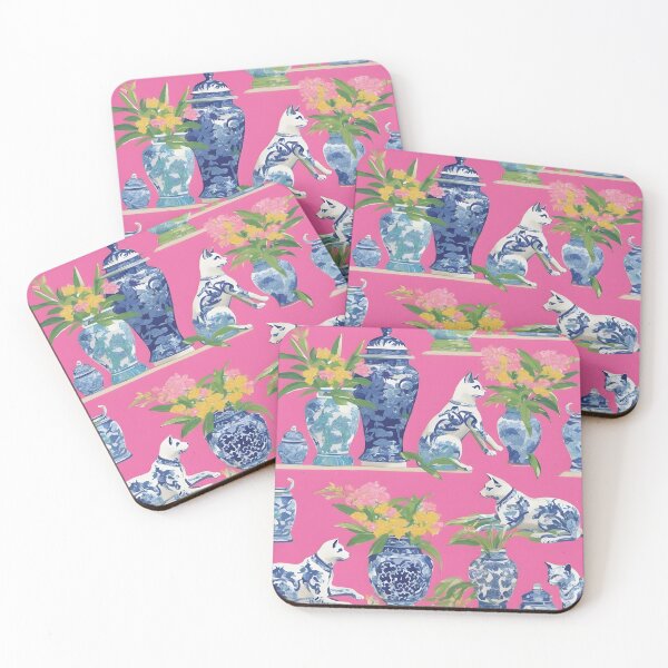Item preview, Blue and white chinoiserie cats and chinoiserie jars on hot pink designed and sold by SophieClimaArt.