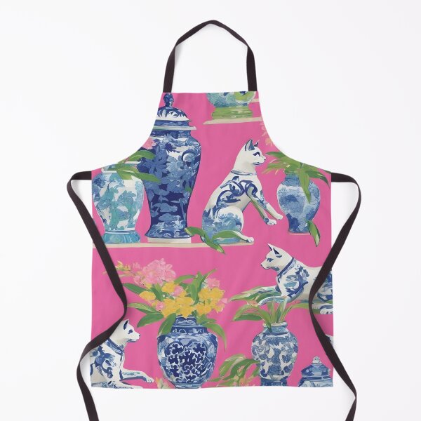 Item preview, Blue and white chinoiserie cats and chinoiserie jars on hot pink designed and sold by SophieClimaArt.