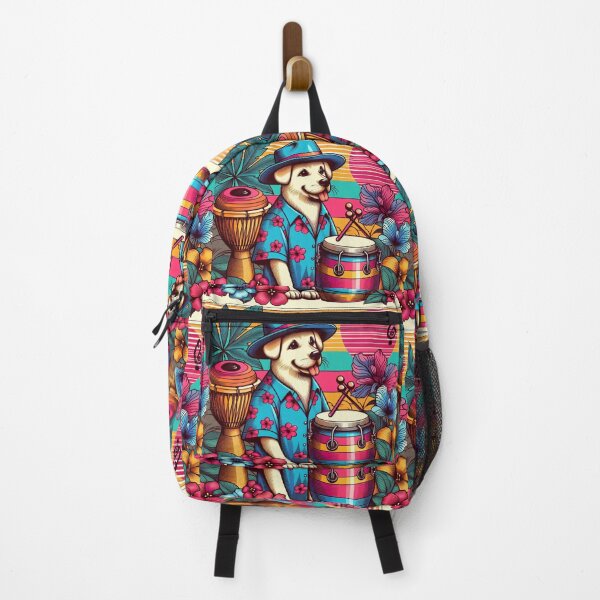Item preview, Retro 80s Sunset Hawaiian Hibiscus Drums Tropical Labrador Puppy Graphic designed and sold by CoffeeIsATrip.