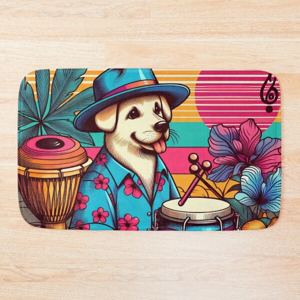 Item preview, Retro 80s Sunset Hawaiian Hibiscus Drums Tropical Labrador Puppy Graphic  designed and sold by CoffeeIsATrip.