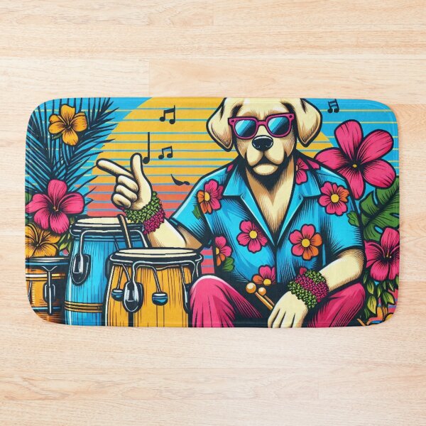 Item preview, Retro 80s Sunset Hawaiian Hibiscus Drums Tropical Labrador Dog Graphic 2 designed and sold by CoffeeIsATrip.