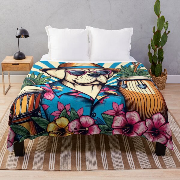 Item preview, Retro 80s Sunset Hawaiian Hibiscus Drums Tropical Boxer Dog Graphic designed and sold by CoffeeIsATrip.