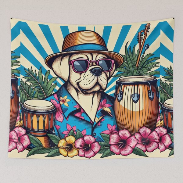 Item preview, Retro 80s Sunset Hawaiian Hibiscus Drums Tropical Boxer Dog Graphic designed and sold by CoffeeIsATrip.