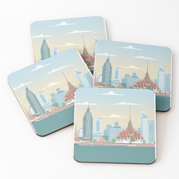 Item preview, Vintage Minimal Retro Travel Poster Bangkok Thailand Skyline Temple River designed and sold by pod24.