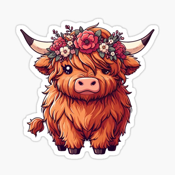 Kawaii scottish highland cow with flower crown Sticker