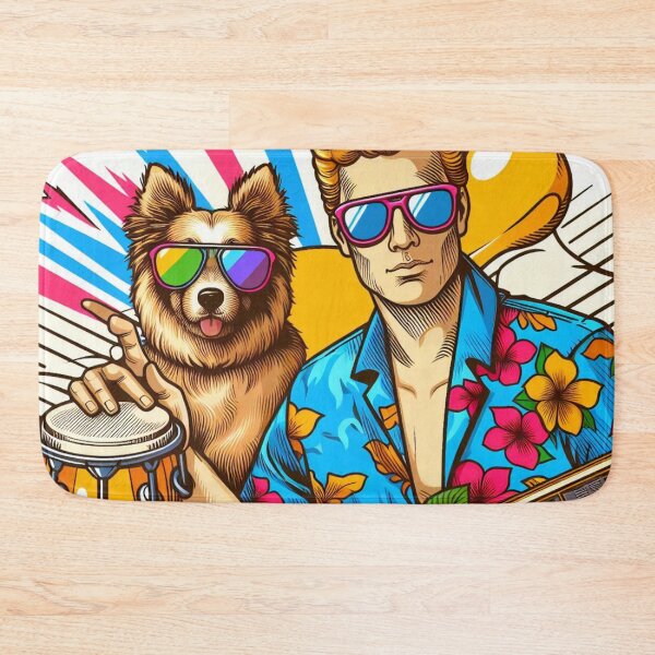 Item preview, Retro 80s Sunset Hawaiian Hibiscus Drums Tropical Sunglasses Dog Graphic designed and sold by CoffeeIsATrip.