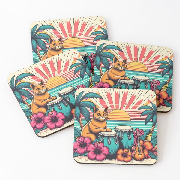 Item preview, Retro 80s Sunset Hawaiian Hibiscus Drums Tropical Orange Cat Graphic designed and sold by CoffeeIsATrip.