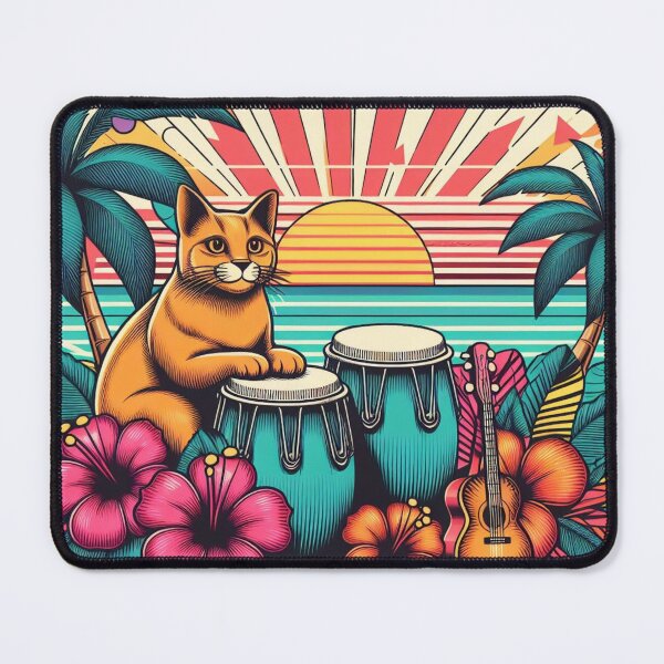 Item preview, Retro 80s Sunset Hawaiian Hibiscus Drums Tropical Orange Cat Graphic designed and sold by CoffeeIsATrip.