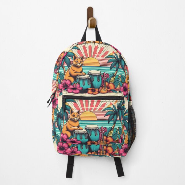 Item preview, Retro 80s Sunset Hawaiian Hibiscus Drums Tropical Orange Cat Graphic designed and sold by CoffeeIsATrip.
