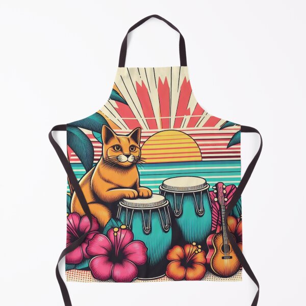 Item preview, Retro 80s Sunset Hawaiian Hibiscus Drums Tropical Orange Cat Graphic designed and sold by CoffeeIsATrip.