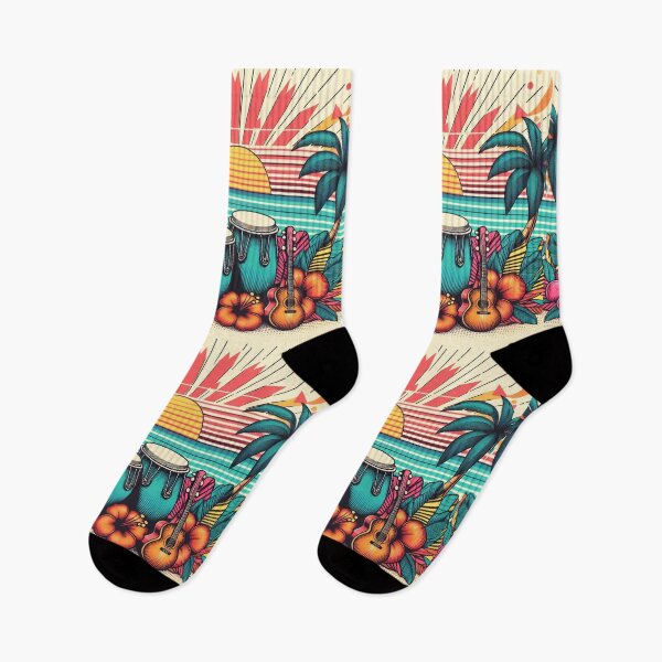Item preview, Retro 80s Sunset Hawaiian Hibiscus Drums Tropical Orange Cat Graphic designed and sold by CoffeeIsATrip.