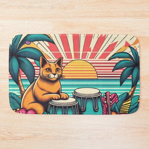 Item preview, Retro 80s Sunset Hawaiian Hibiscus Drums Tropical Orange Cat Graphic designed and sold by CoffeeIsATrip.