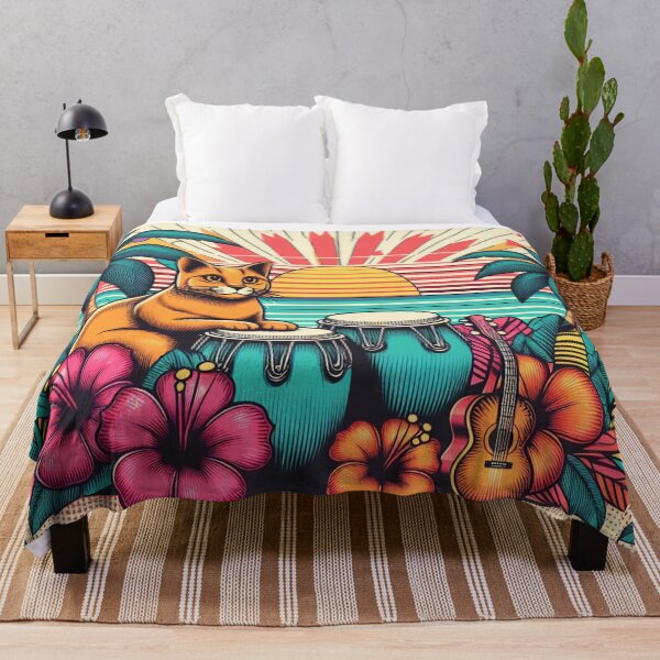 Item preview, Retro 80s Sunset Hawaiian Hibiscus Drums Tropical Orange Cat Graphic designed and sold by CoffeeIsATrip.
