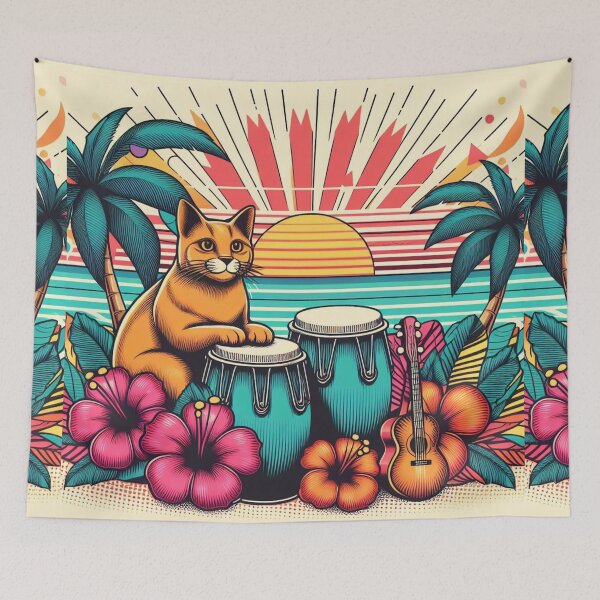 Item preview, Retro 80s Sunset Hawaiian Hibiscus Drums Tropical Orange Cat Graphic designed and sold by CoffeeIsATrip.