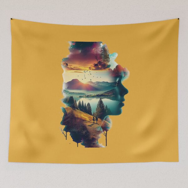 Item preview, Woman face profile containing beautiful lake landscape designed and sold by cristina1001.