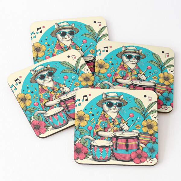 Item preview, Retro 80s Sunset Hawaiian Hibiscus Drums Tropical White Cat Graphic designed and sold by CoffeeIsATrip.