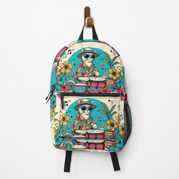 Item preview, Retro 80s Sunset Hawaiian Hibiscus Drums Tropical White Cat Graphic designed and sold by CoffeeIsATrip.