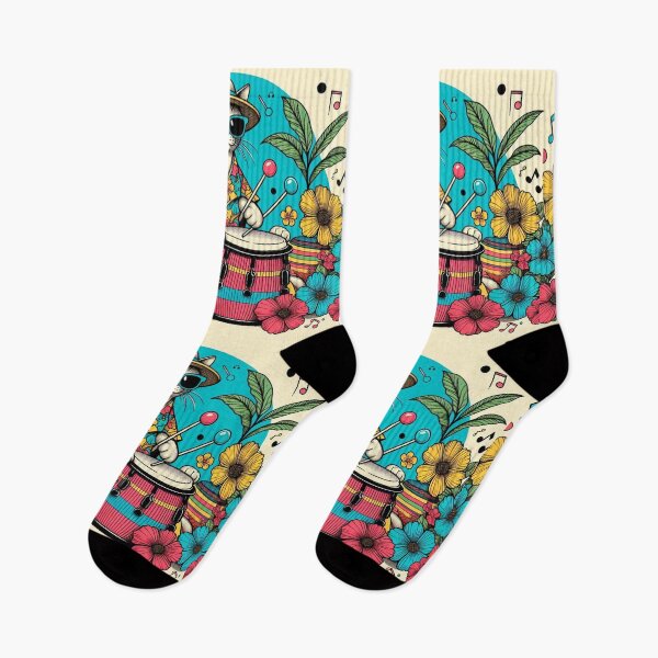 Item preview, Retro 80s Sunset Hawaiian Hibiscus Drums Tropical White Cat Graphic designed and sold by CoffeeIsATrip.