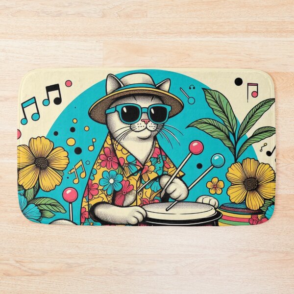 Item preview, Retro 80s Sunset Hawaiian Hibiscus Drums Tropical White Cat Graphic designed and sold by CoffeeIsATrip.