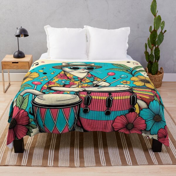 Item preview, Retro 80s Sunset Hawaiian Hibiscus Drums Tropical White Cat Graphic designed and sold by CoffeeIsATrip.