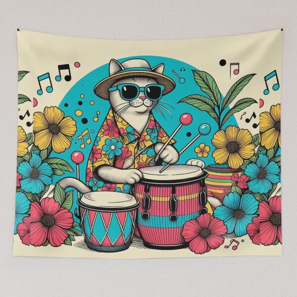 Item preview, Retro 80s Sunset Hawaiian Hibiscus Drums Tropical White Cat Graphic designed and sold by CoffeeIsATrip.