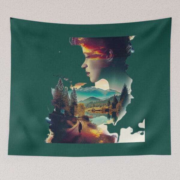 Item preview, Woman face profile on lake and mountain landscape designed and sold by cristina1001.