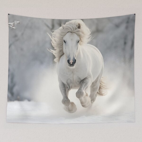 Item preview, Beautiful and majestic white gray horse or gray stallion galloping in winter snow, wild and free designed and sold by NBSStore.