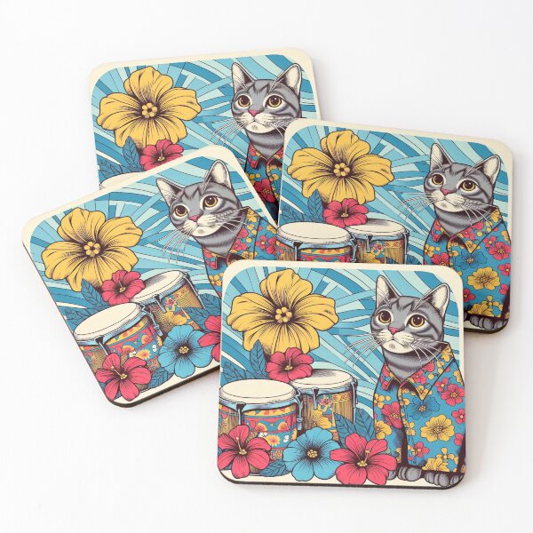 Item preview, Retro 80s Sunset Hawaiian Hibiscus Drums Tropical Grey Tabby Cat Graphic designed and sold by CoffeeIsATrip.