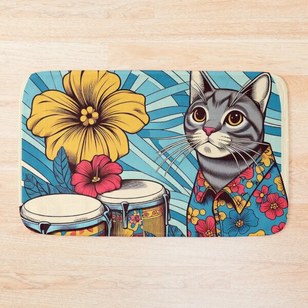Item preview, Retro 80s Sunset Hawaiian Hibiscus Drums Tropical Grey Tabby Cat Graphic designed and sold by CoffeeIsATrip.