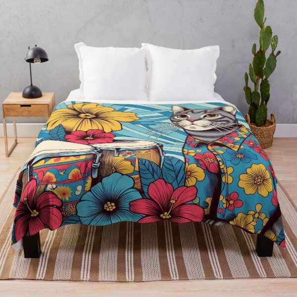 Item preview, Retro 80s Sunset Hawaiian Hibiscus Drums Tropical Grey Tabby Cat Graphic designed and sold by CoffeeIsATrip.