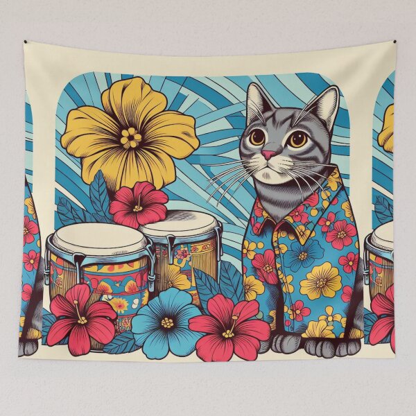 Item preview, Retro 80s Sunset Hawaiian Hibiscus Drums Tropical Grey Tabby Cat Graphic designed and sold by CoffeeIsATrip.