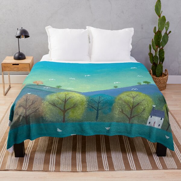 Item preview, Cottage with trees, hills, and white birds  designed and sold by Beverley Young.