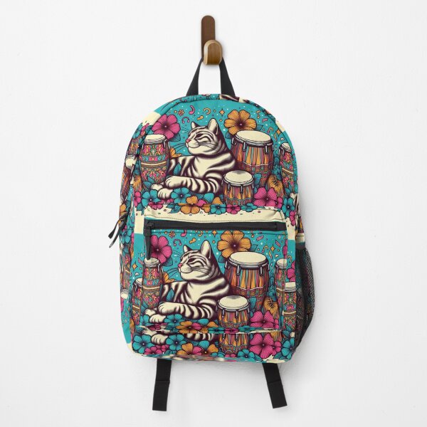 Item preview, Retro 80s Hawaiian Hibiscus Bongo Drums Tropical Tabby Cat Graphic designed and sold by CoffeeIsATrip.