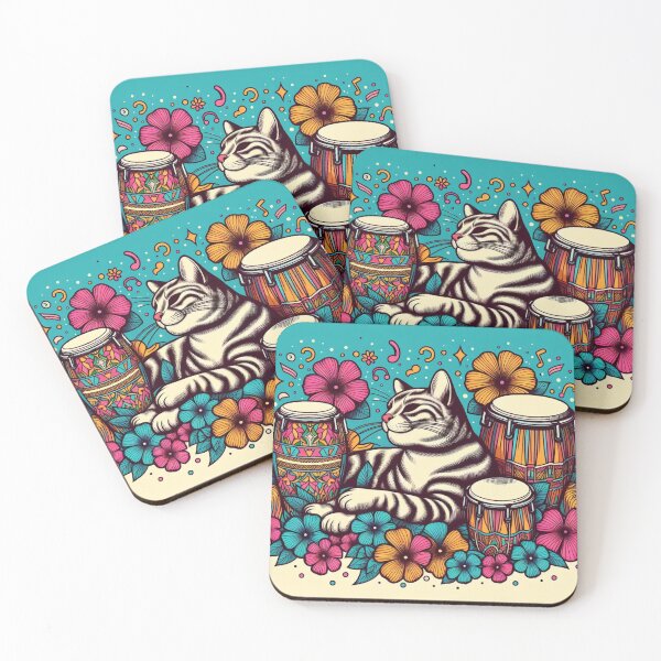 Item preview, Retro 80s Hawaiian Hibiscus Bongo Drums Tropical Tabby Cat Graphic designed and sold by CoffeeIsATrip.
