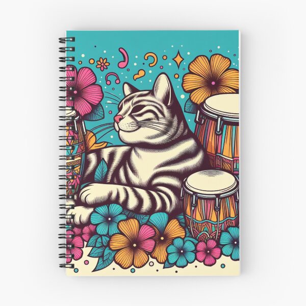 Item preview, Retro 80s Hawaiian Hibiscus Bongo Drums Tropical Tabby Cat Graphic designed and sold by CoffeeIsATrip.