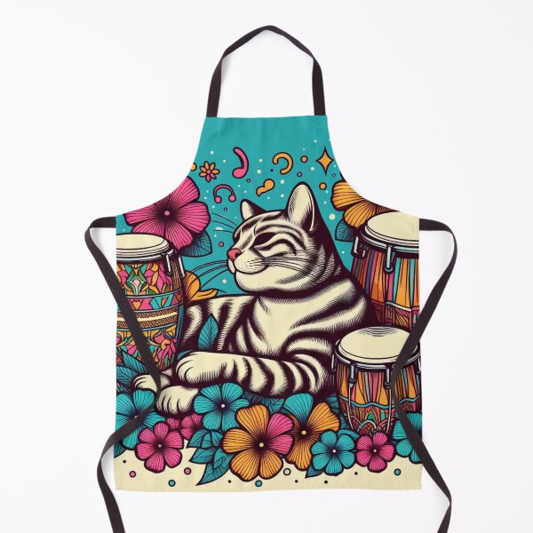 Item preview, Retro 80s Hawaiian Hibiscus Bongo Drums Tropical Tabby Cat Graphic designed and sold by CoffeeIsATrip.