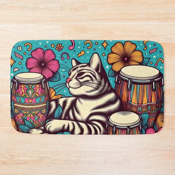 Item preview, Retro 80s Hawaiian Hibiscus Bongo Drums Tropical Tabby Cat Graphic designed and sold by CoffeeIsATrip.