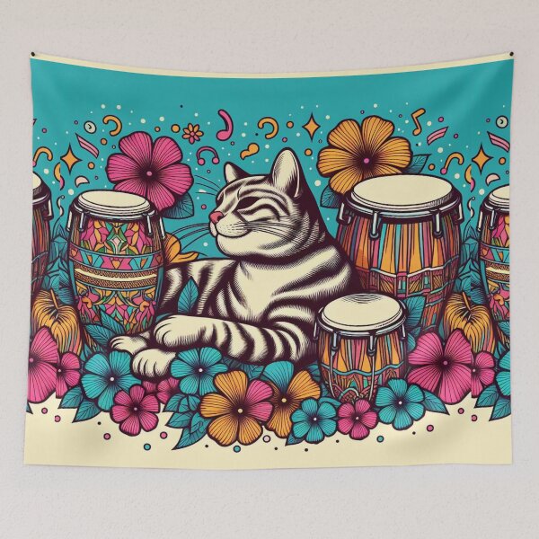 Artikelvorschau, Retro 80er Hawaiian Hibiscus Bongo Drums Tropical Tabby Cat Graphic entworfen und verkauft von CoffeeIsATrip.