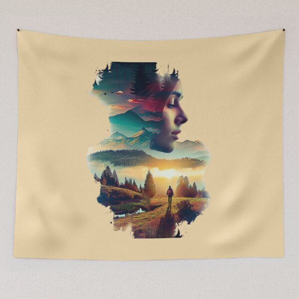 Item preview, Profile pretty female face over mountainous landscape and sunset designed and sold by cristina1001.