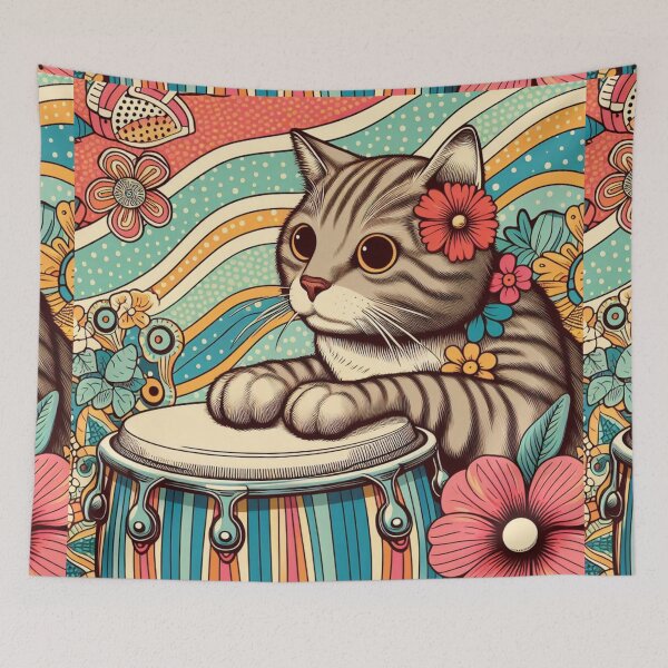 Item preview, Retro 80s Waves Hawaiian Hibiscus Drums Tropical Tabby Cat Graphic designed and sold by CoffeeIsATrip.