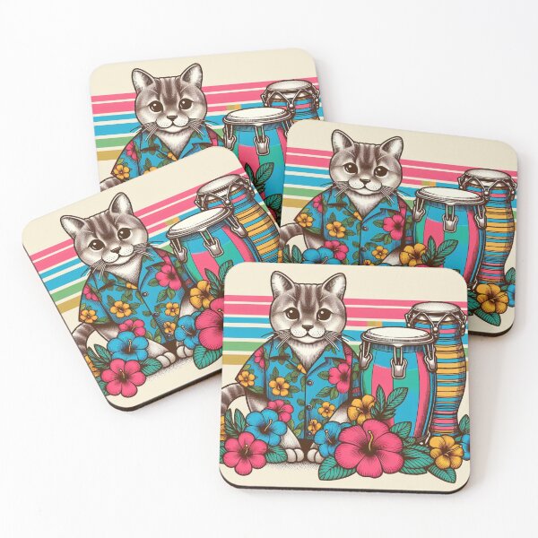 Item preview, Retro 80s Rainbow Hawaiian Hibiscus Drums Tropical Tabby Cat Graphic designed and sold by CoffeeIsATrip.