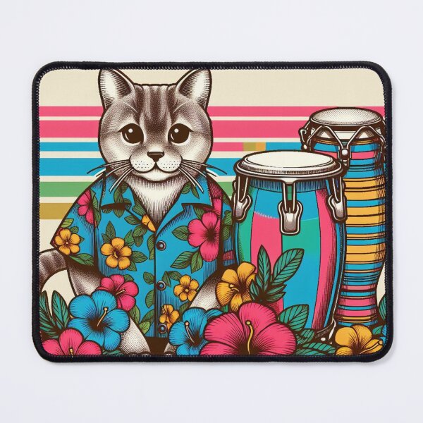 Item preview, Retro 80s Rainbow Hawaiian Hibiscus Drums Tropical Tabby Cat Graphic designed and sold by CoffeeIsATrip.