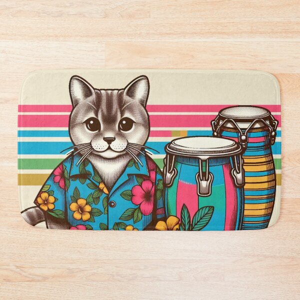 Item preview, Retro 80s Rainbow Hawaiian Hibiscus Drums Tropical Tabby Cat Graphic designed and sold by CoffeeIsATrip.