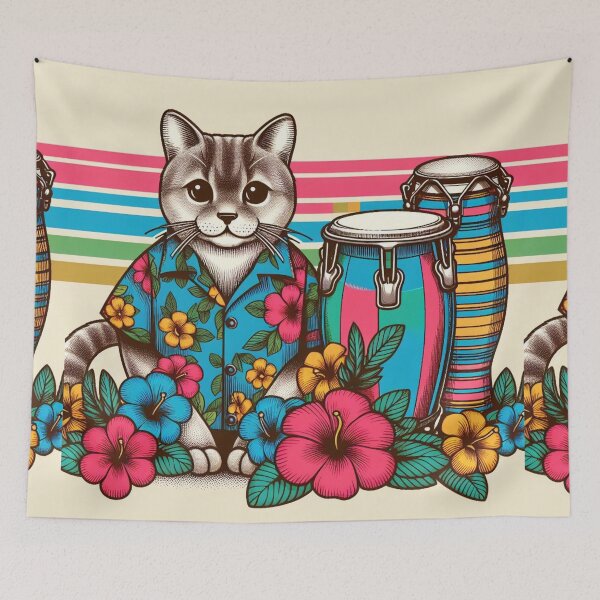 Item preview, Retro 80s Rainbow Hawaiian Hibiscus Drums Tropical Tabby Cat Graphic designed and sold by CoffeeIsATrip.