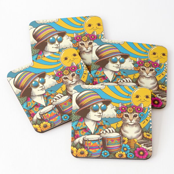 Item preview, Retro 60s Sun Hawaiian Hibiscus Drums Tropical Tabby Cat Graphic designed and sold by CoffeeIsATrip.