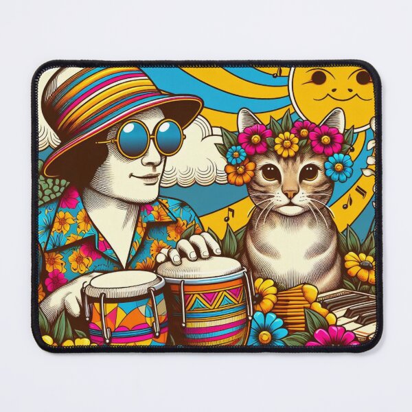 Item preview, Retro 60s Sun Hawaiian Hibiscus Drums Tropical Tabby Cat Graphic designed and sold by CoffeeIsATrip.