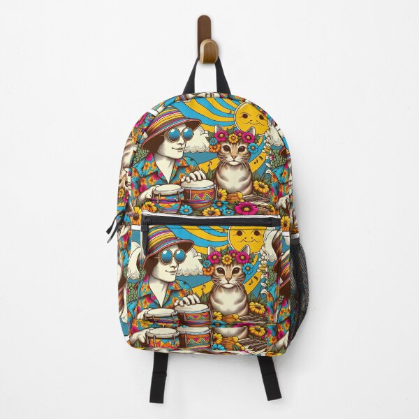 Item preview, Retro 60s Sun Hawaiian Hibiscus Drums Tropical Tabby Cat Graphic designed and sold by CoffeeIsATrip.